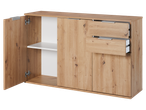 Wooden sideboard with doors and drawers.