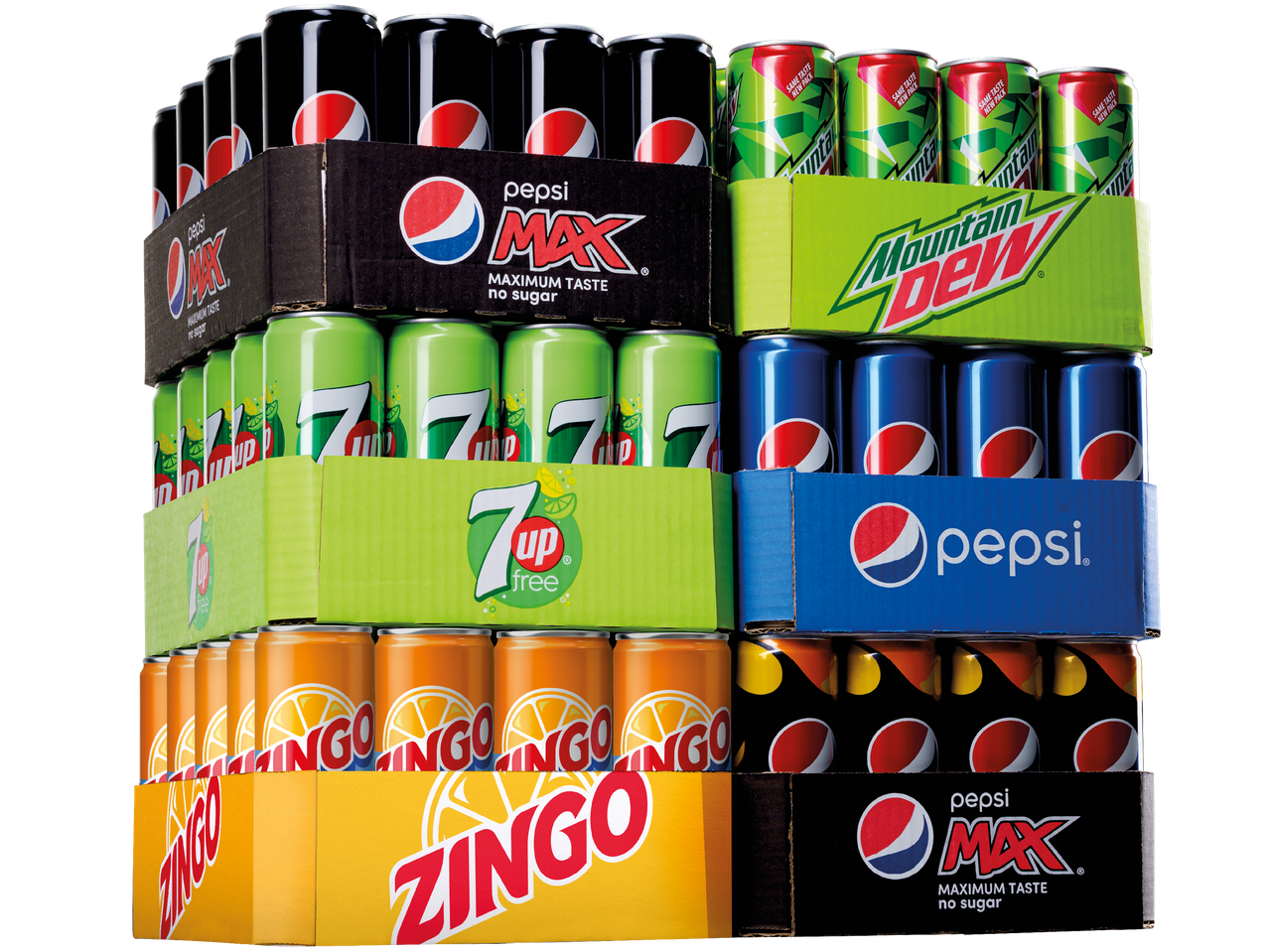 En stapel med burkar av Pepsi, 7 Up, Mirinda och andra läskedrycker.