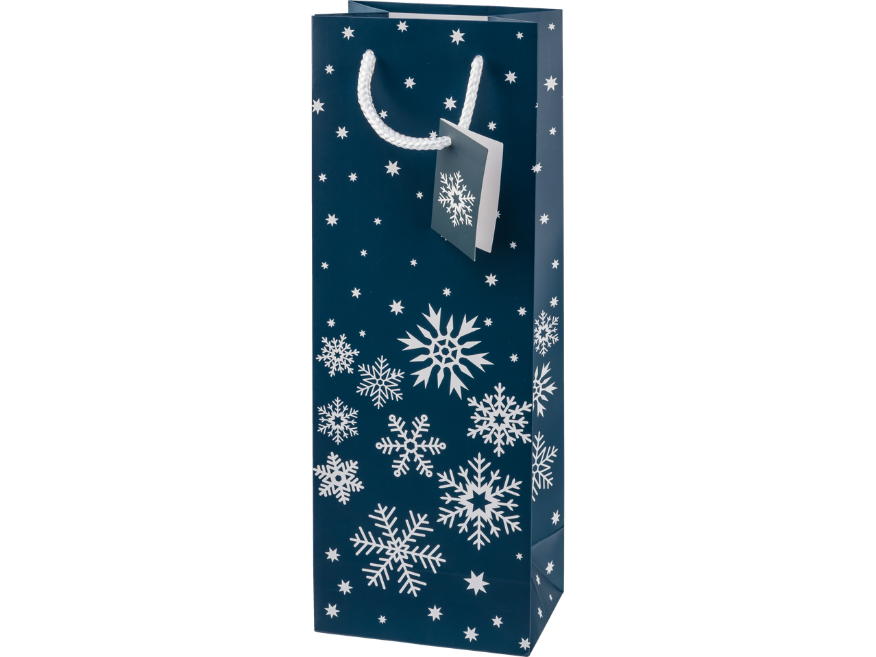 Tamsiai mėlynas Crelando® dovanų maišelis su baltomis snaigėmis ir žvaigždėmis