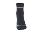 Dark grey sock with two orange stripes around the ankle and one on the toe.