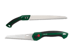 Zwei grüne und schwarze Parkside Klappsägen mit silbernen Klingen.
