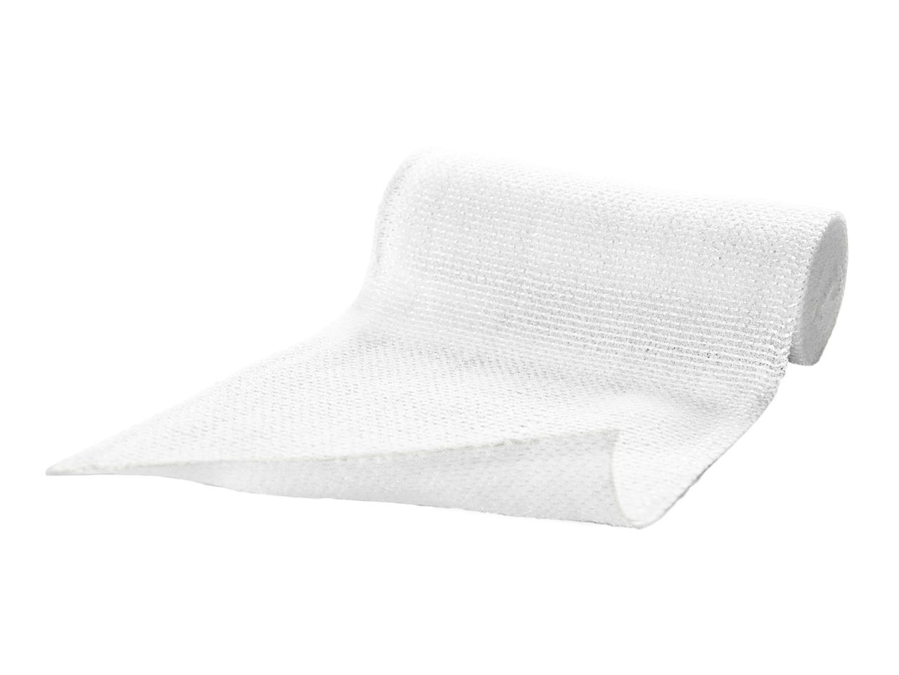 White elastic bandage roll, partially unrolled, on a white background.
