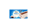 Gelatelli Gelado de Baunilha com camadas de cacau sobre um fundo azul.