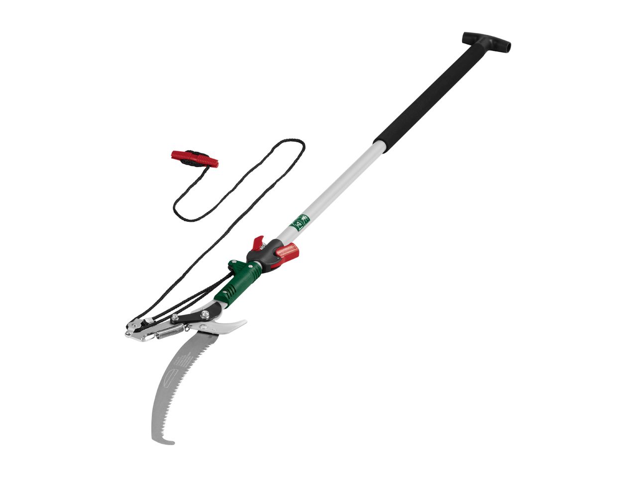 Telescopic tree pruner with saw attachment and rope mechanism