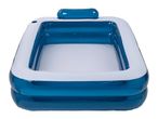 Rectangular inflatable swimming pool in blue and white with an integrated headrest.