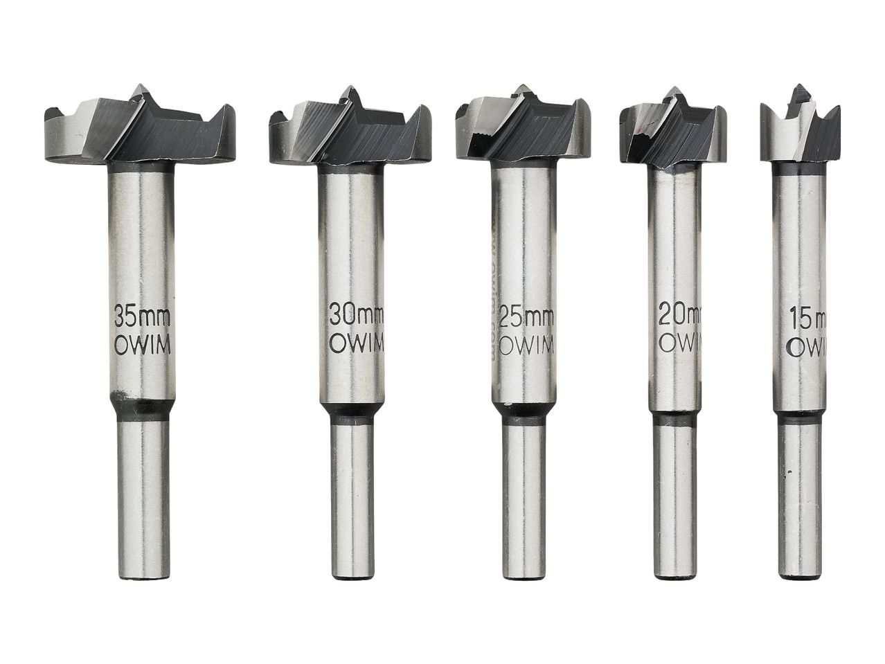 Five OWIM Forstner drill bits in sizes 15mm, 20mm, 25mm, 30mm, and 35mm.