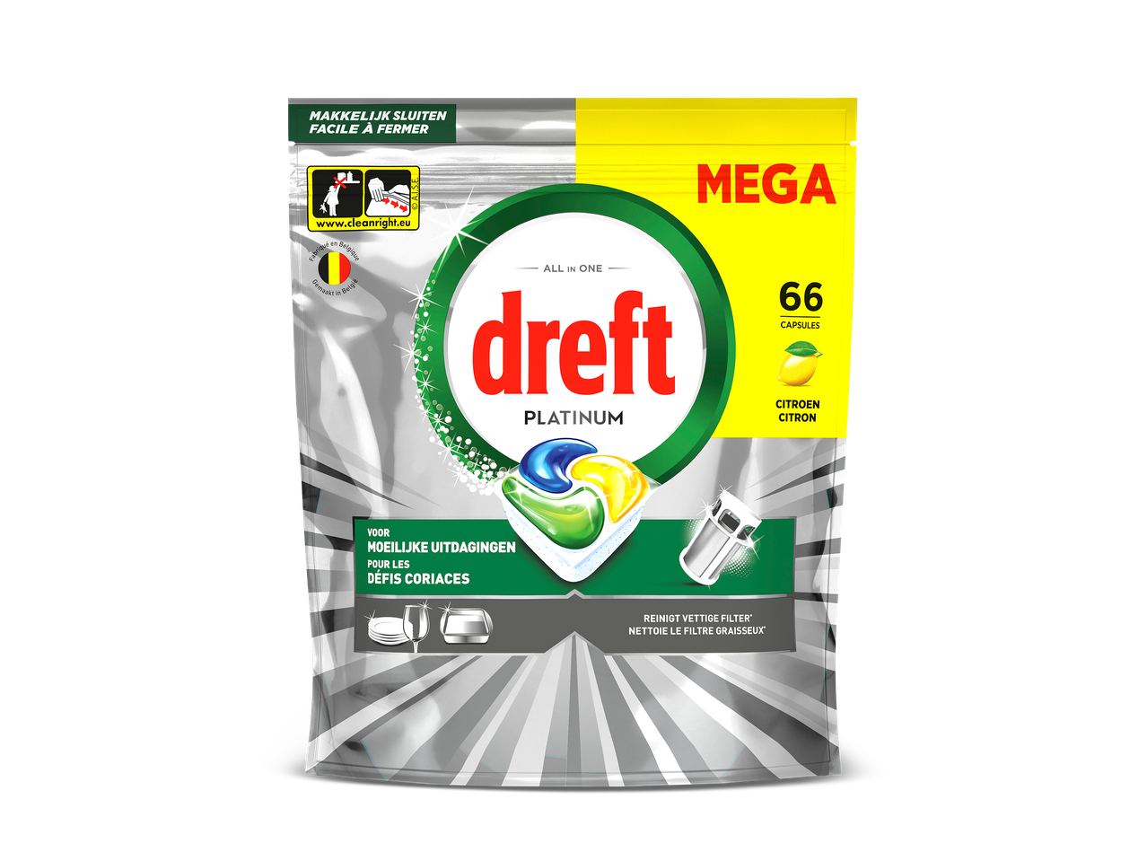 Vaatwastabletten met citroengeur, 66 capsules, voor moeilijke uitdagingen en reinigt vettige filters.