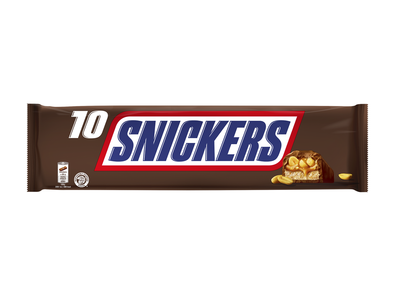 Chocoladereep met pinda's en karamel, met de tekst '10' en voedingsinformatie.