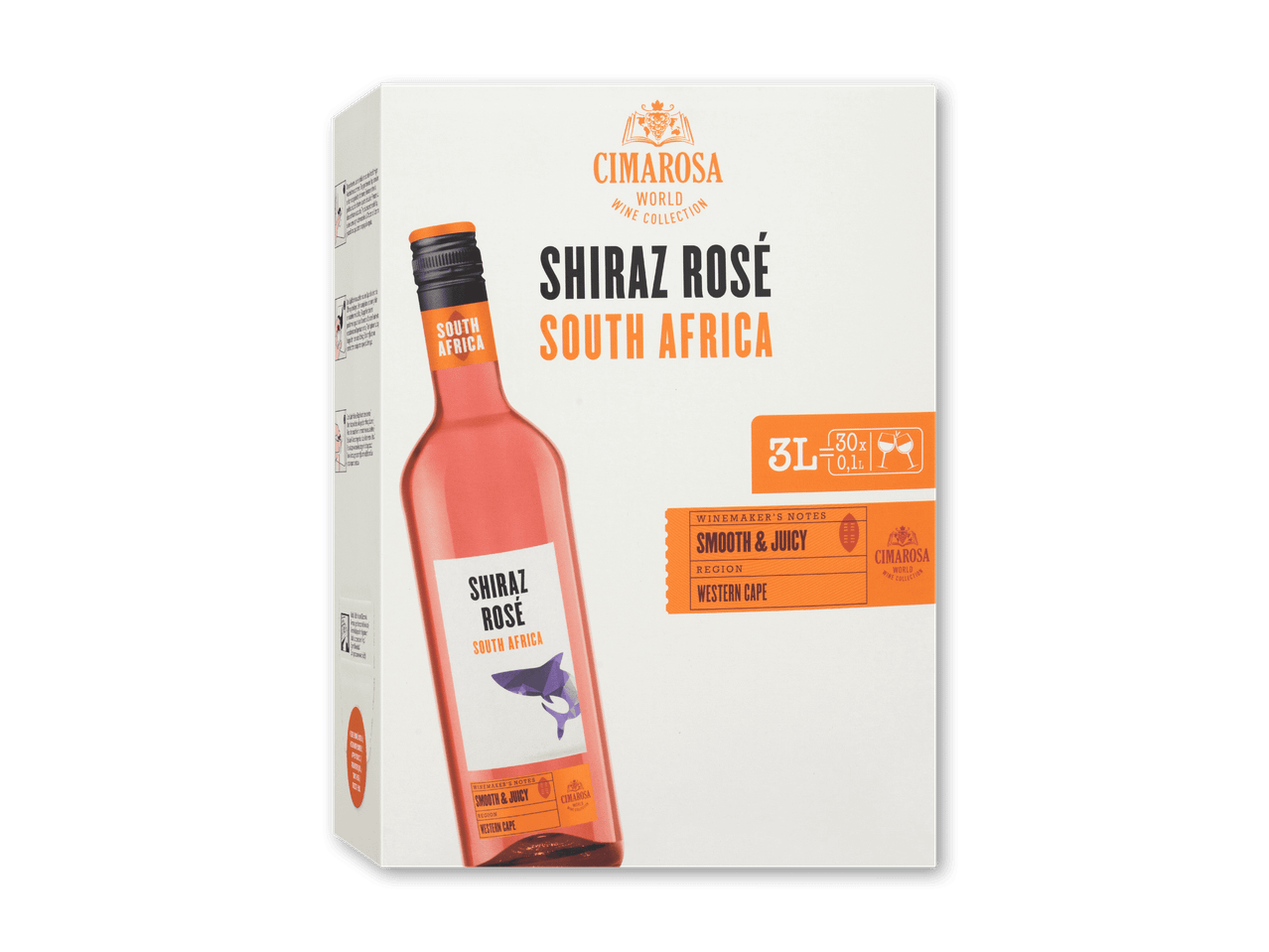 En hvid papkasse med en flaske Shiraz Rosé fra Sydafrika, der angiver 3L og 30 glas, med smagsnoter 
