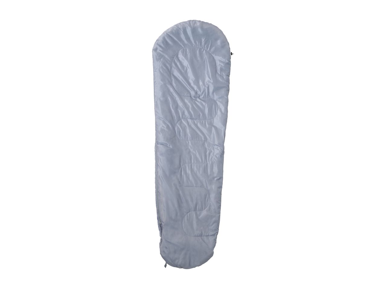 Light grey sleeping bag with a zipper, isolated on a white background.