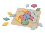Wooden puzzle with colorful rhombus-shaped pieces, some placed in the board, others scattered.