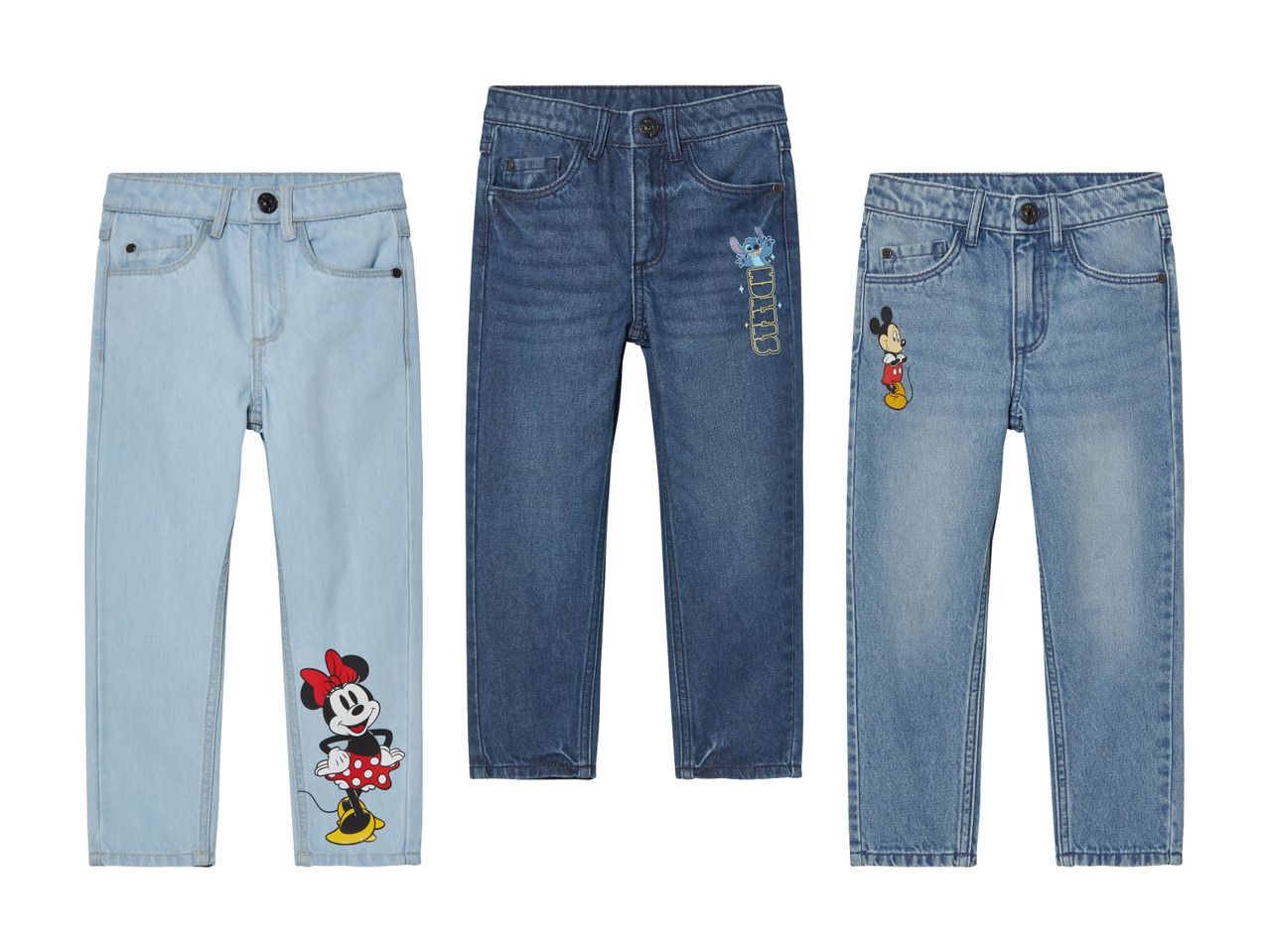 Drei Jeans für Mädchen, zwei davon mit Minnie-Motiven.