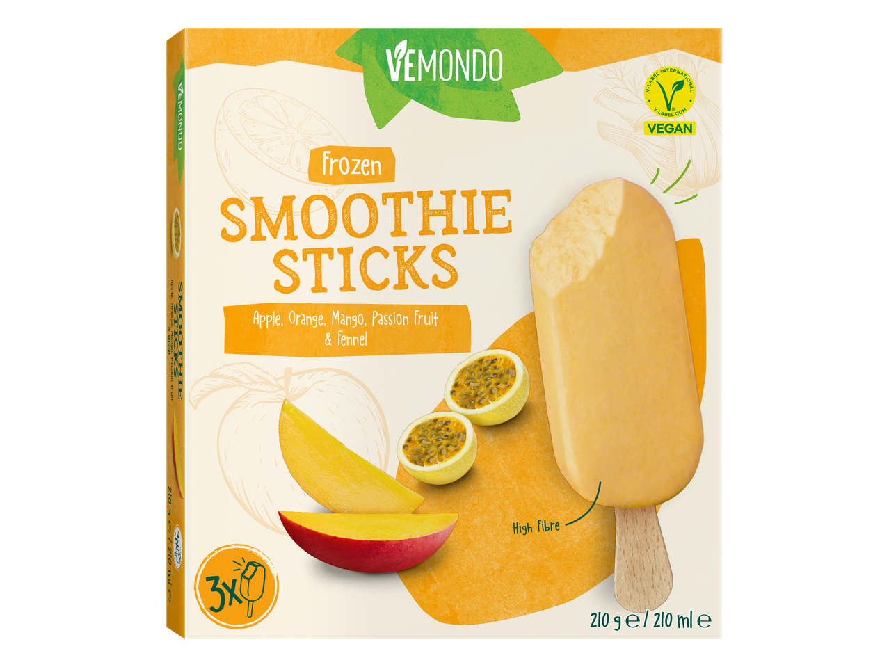 Vemondo Smoothie Sticks: вегански замразени плодови сладоледи на клечка с ябълка, портокал, манго и маракуя.