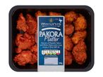 Pakora platter with vegetable and chicken pakora, spicy chilli dip, and nutritional information.
