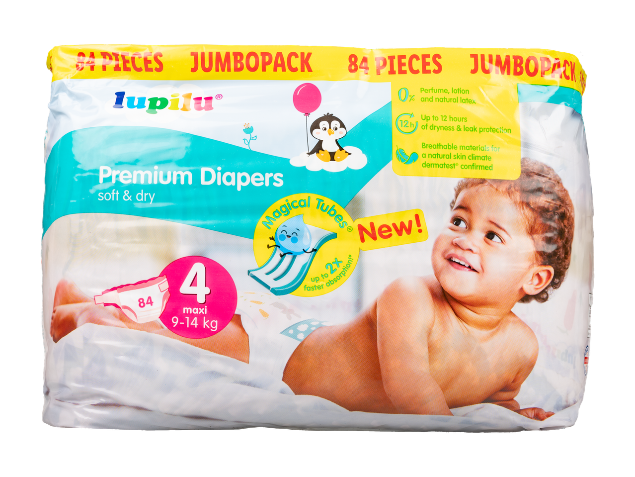 Pampers Lupilu Premium, mărime 4 maxi (9-14 kg), pachet jumbo de 84 bucăți.