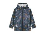Kids' dark blue rain jacket with animal print (elephants, tigers, crocodiles).