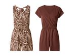 To rompers: en med brunt og beige mønster, en ensfarvet brun.