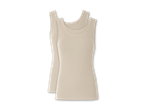 Zwei beigefarbene, gerippte Tanktops liegen übereinander.