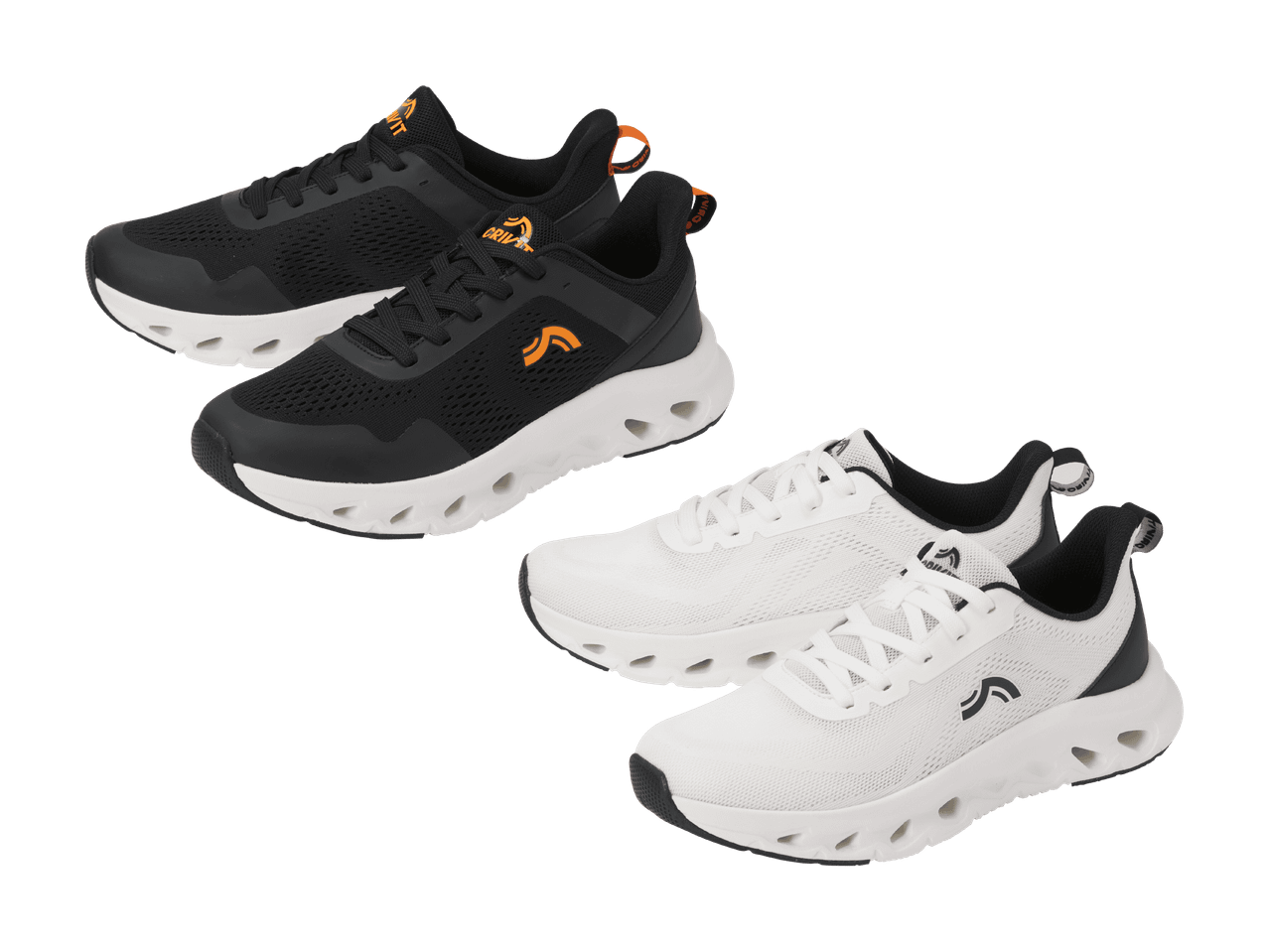 Zwei Paar Sportschuhe, ein schwarzes und ein weißes, mit weißen Sohlen.
