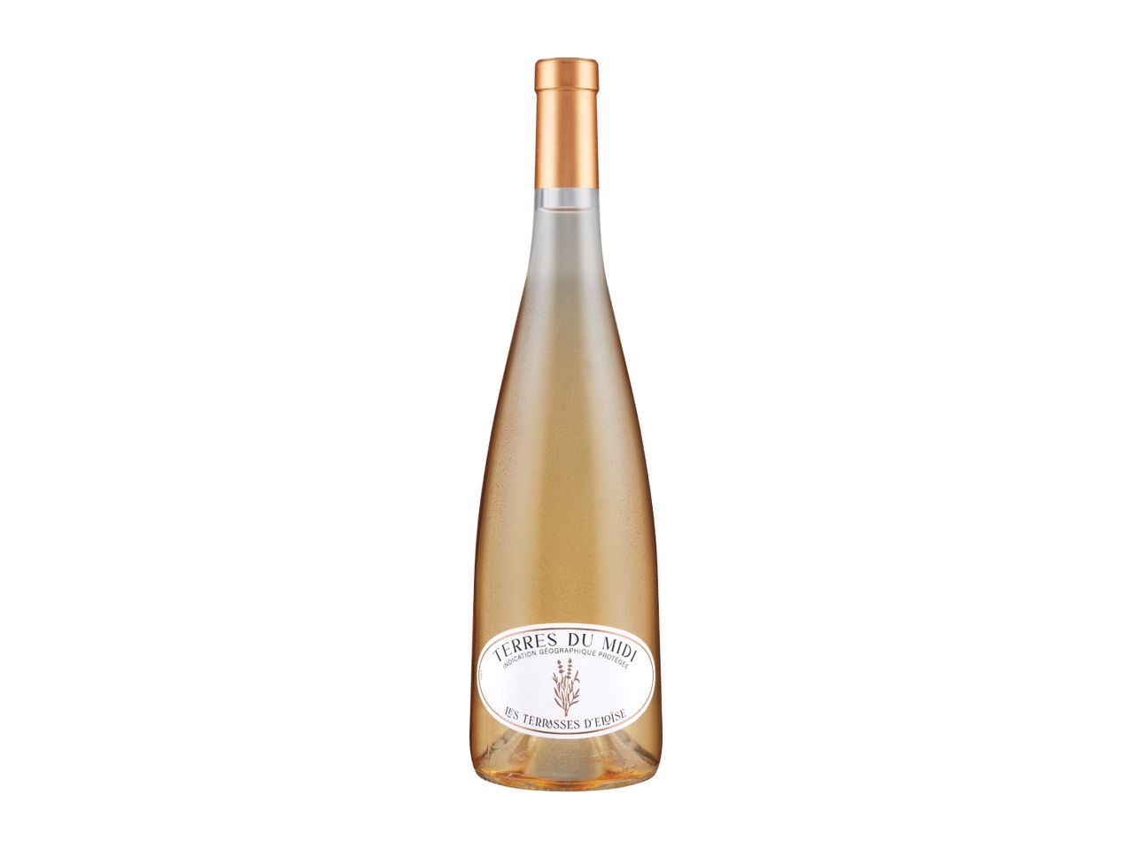 A bottle of rosé wine with a white label featuring a lavender illustration and gold foil top.