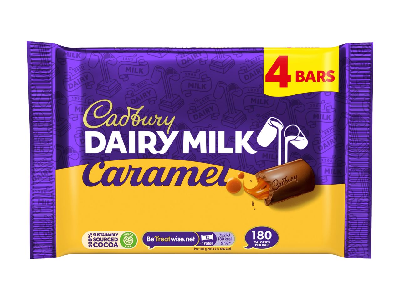 Four caramel chocolate bars in purple and yellow packaging with milk and cocoa details.