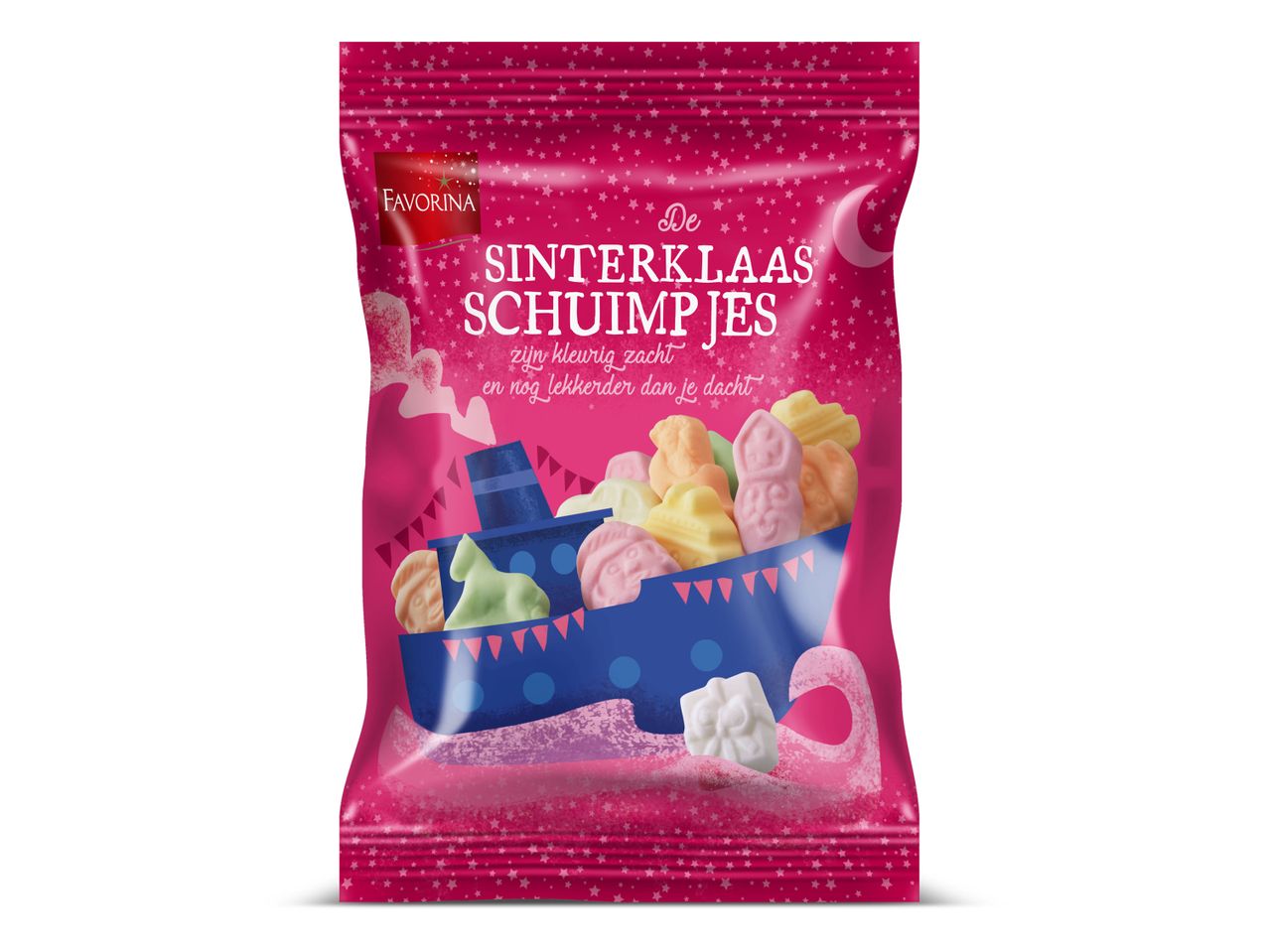 Roze zak met Sinterklaas schuimpjes in de vorm van een stoomboot en figuren.