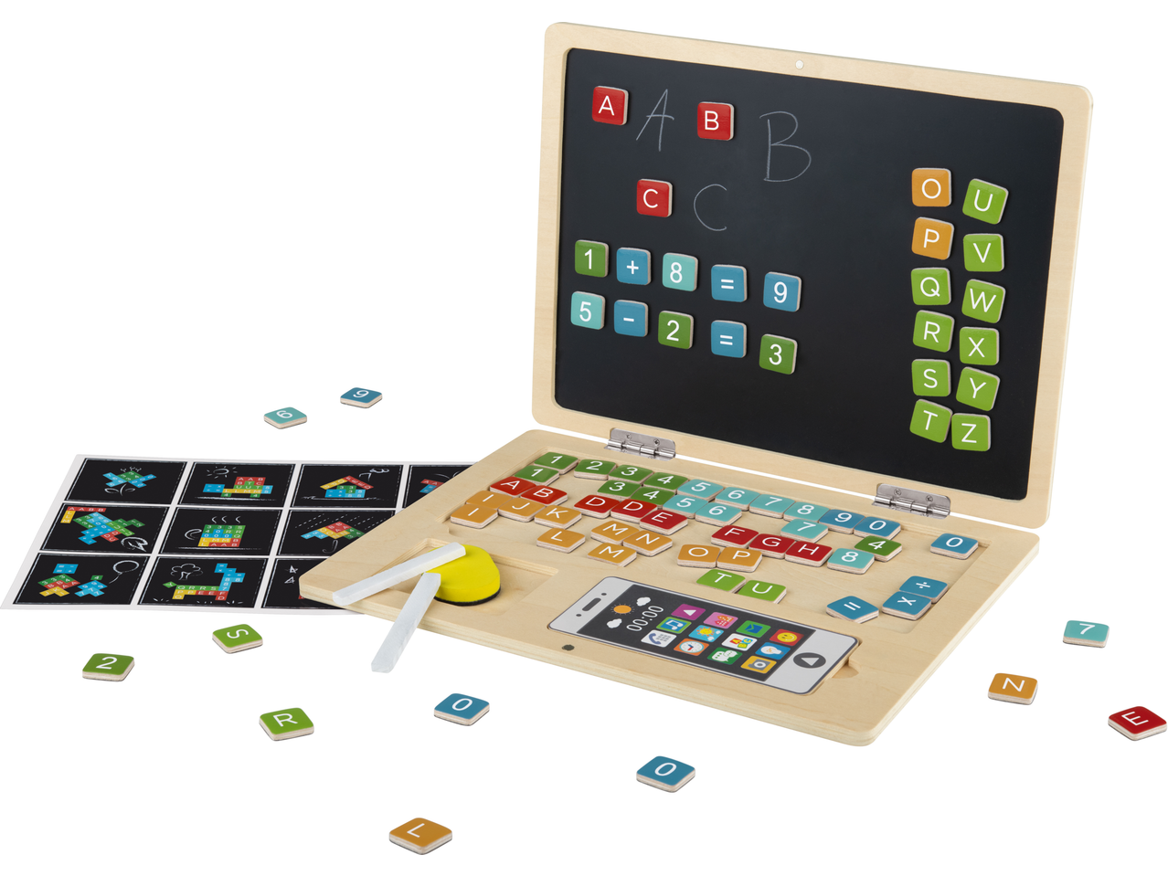 LUPILU Lernspiel mit Tafel, Magnetbuchstaben, Zahlen und Kreide.