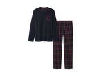 Men's navy blue long-sleeved pajama top with a plaid pocket and matching plaid pajama bottoms.