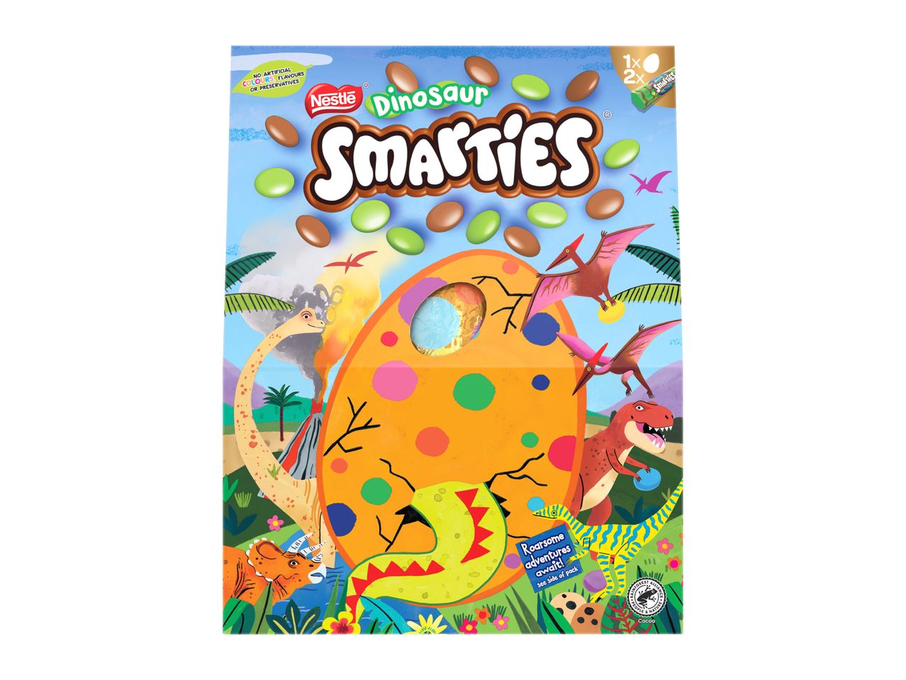 Dinosaur-themed chocolate candy box with a large egg, various dinosaurs, and text about 'Roarsome adventures'.