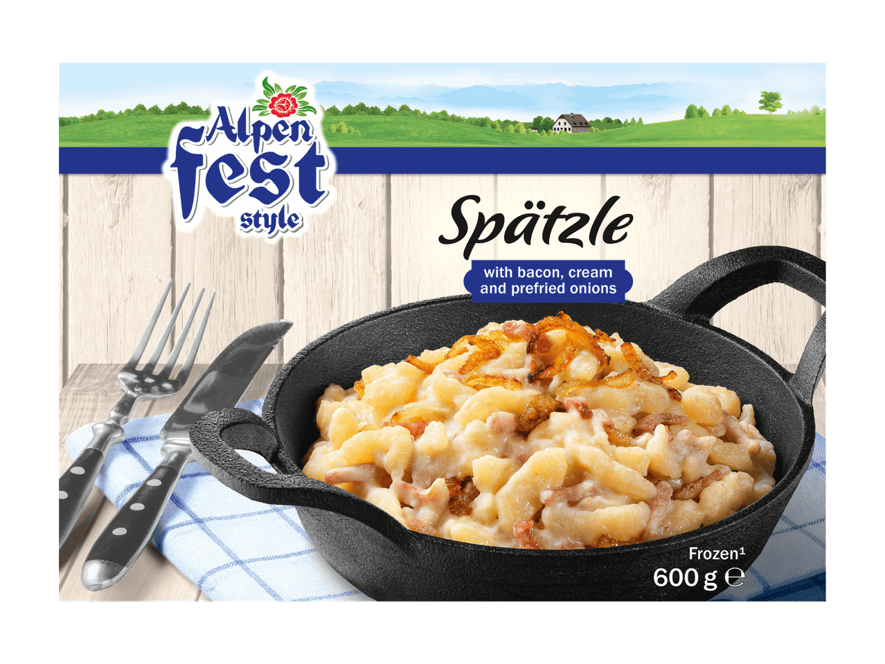Confezione di Spätzle Alpen Fest con pancetta, panna e cipolle fritte, 600g.