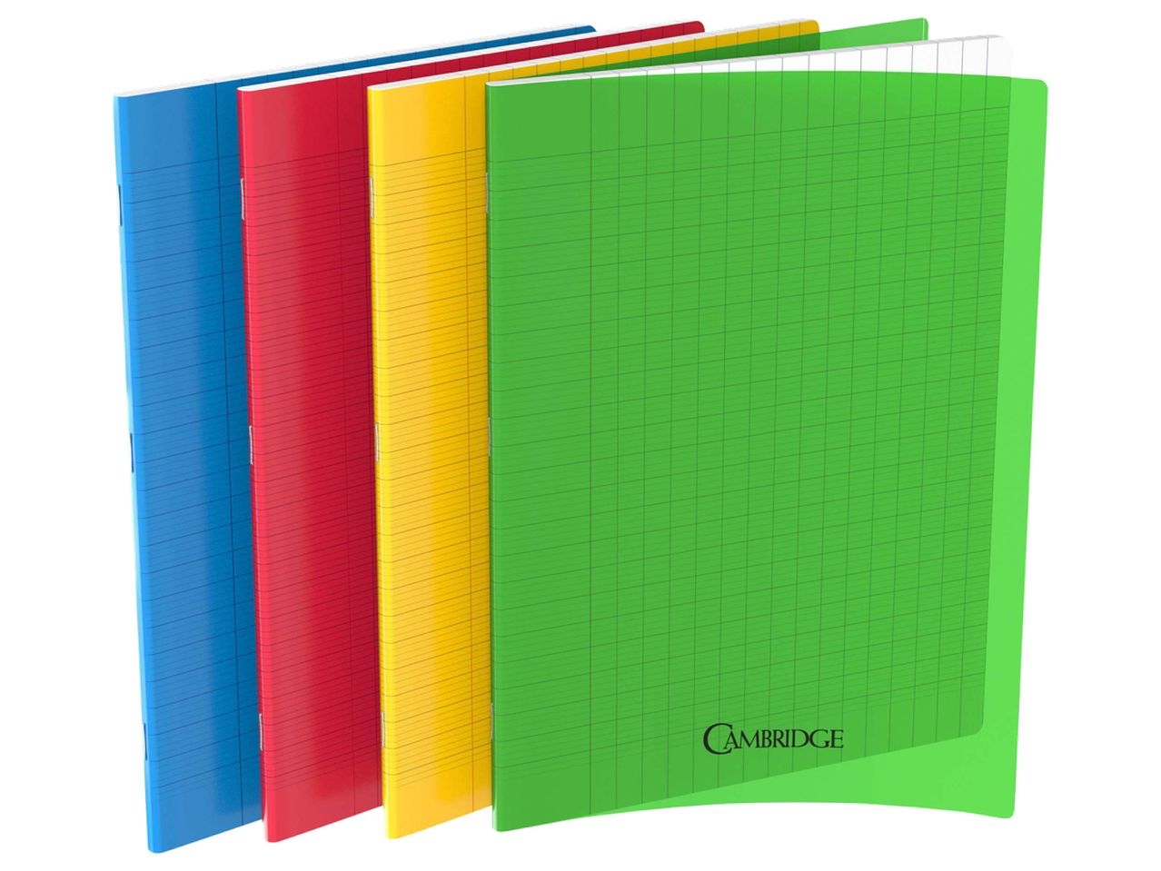 Cahiers de différentes couleurs : bleu, rouge, jaune et vert, avec des pages quadrillées.