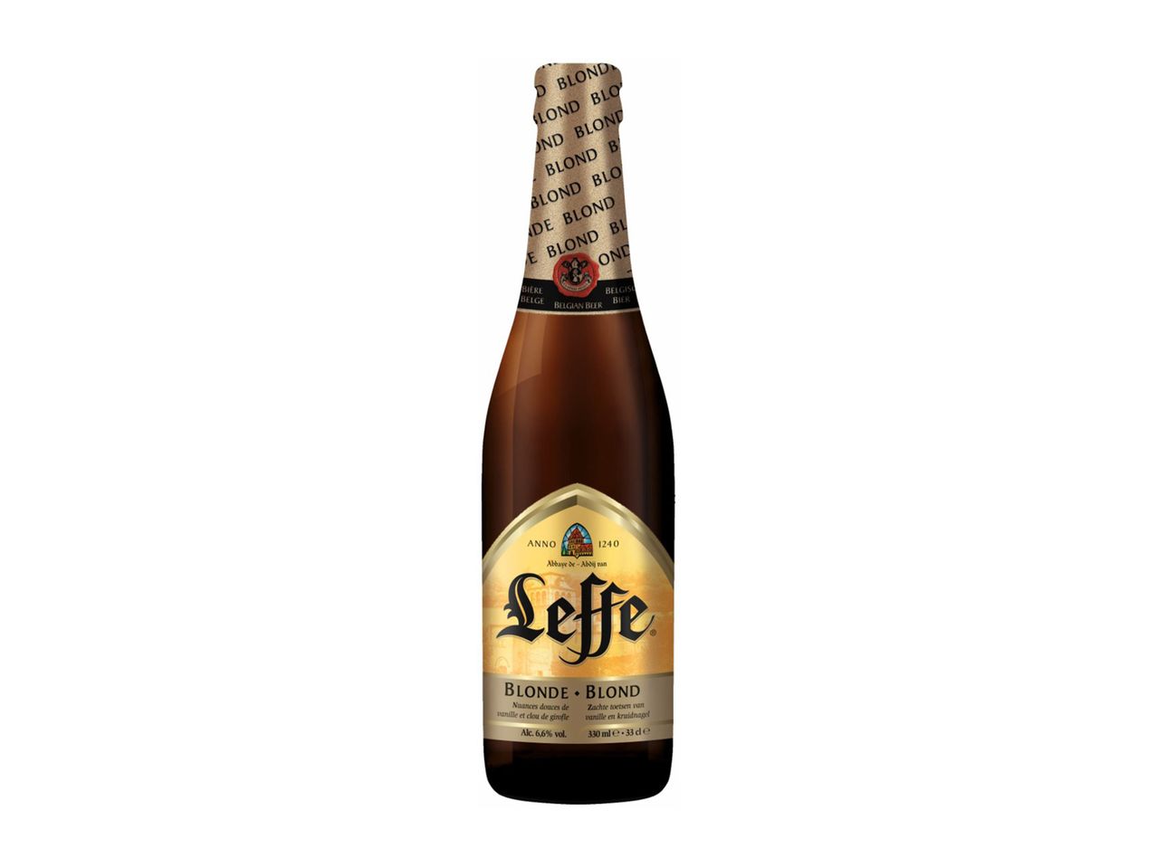 O sticlă de bere Leffe Blonde cu etichetă aurie și text negru