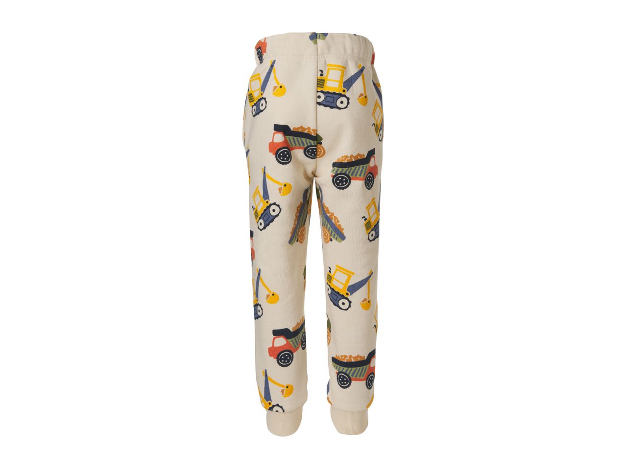 Kids' beige sweatpants with construction vehicle print, including excavators and dump trucks.
