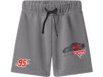 Grey kids' jersey shorts with a 'Cars' movie print featuring Lightning McQueen's number 95.