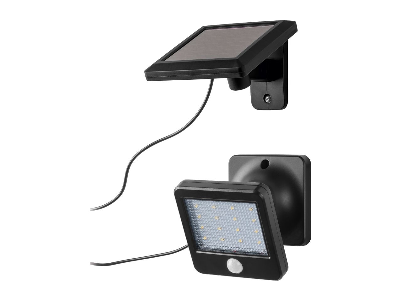 Black solar panel and LED motion sensor light with connecting cable