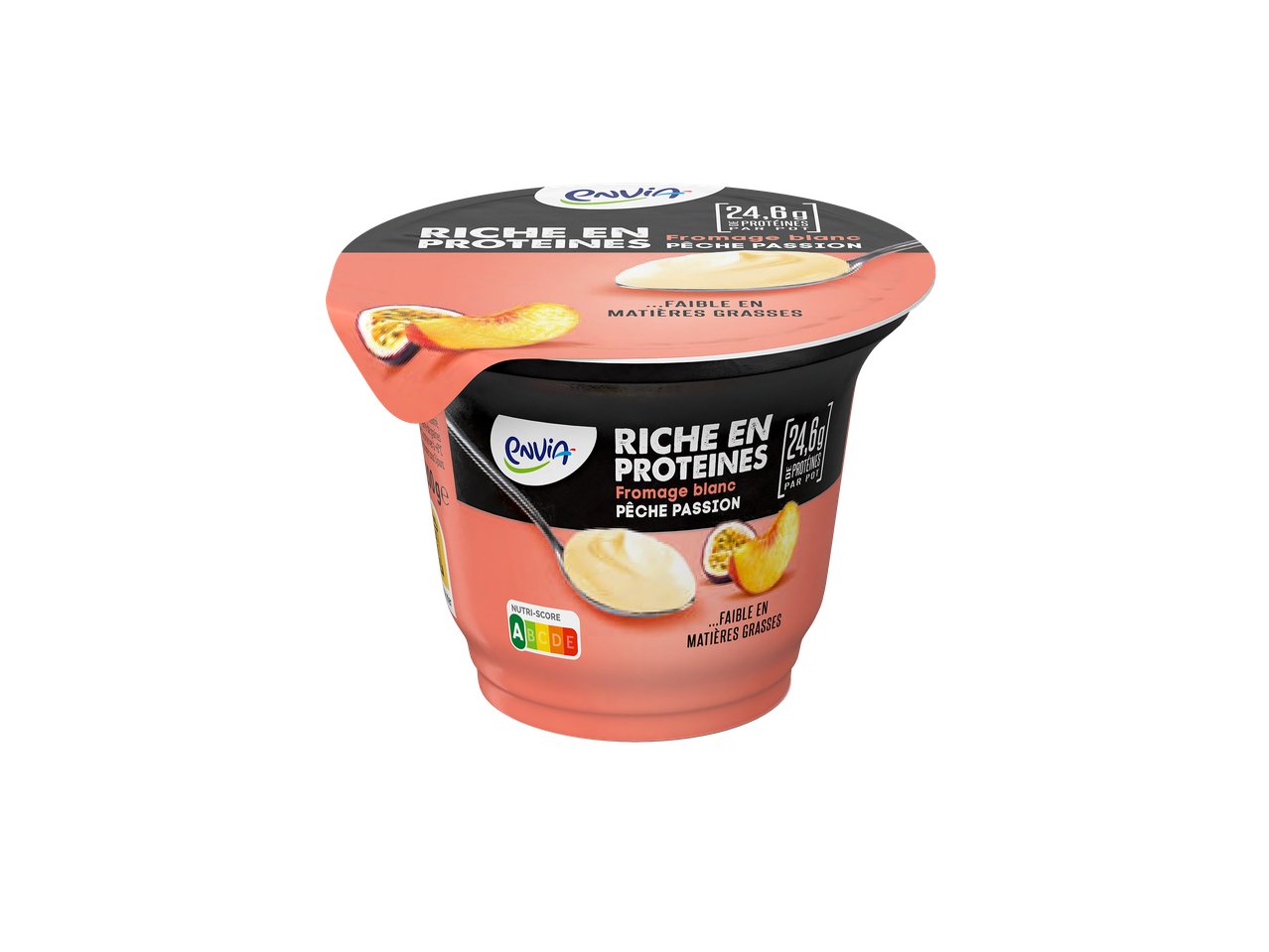 Fromage blanc riche en protéines saveur pêche passion, faible en matières grasses.