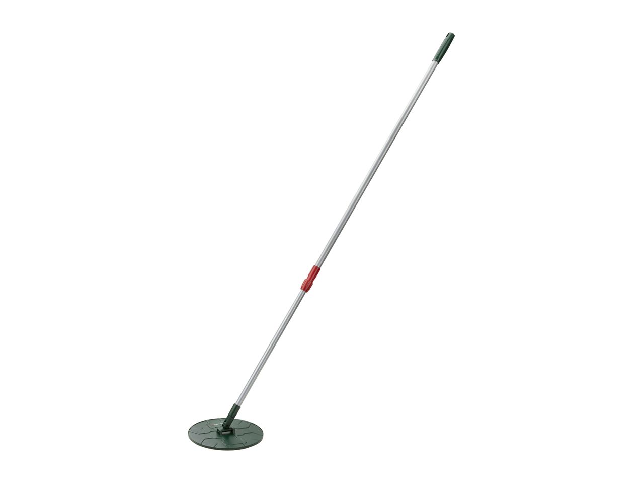 A green and silver telescopic garden tool with a round base, possibly for weeding or cultivating.