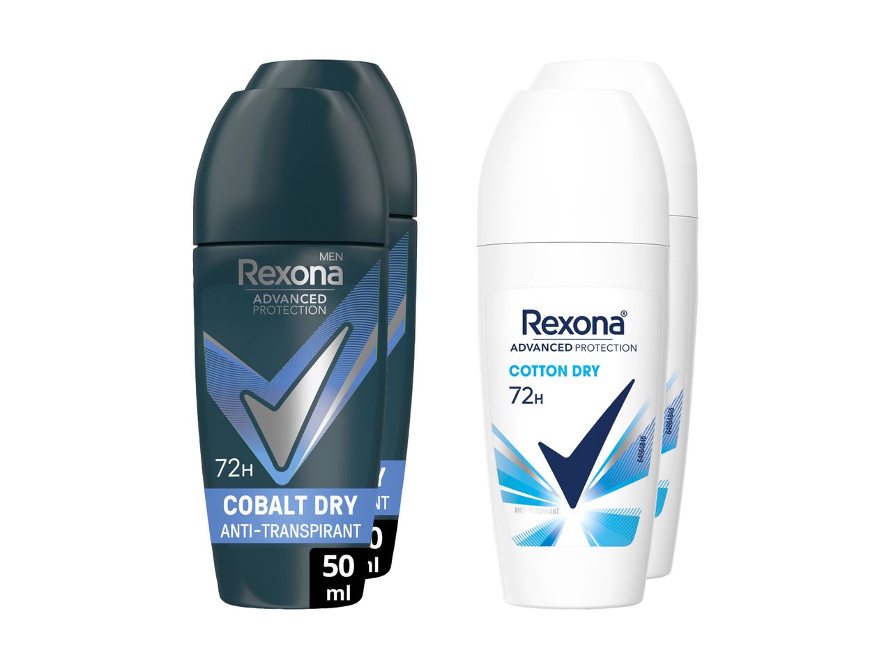 Zwei Rexona Cobalt Dry und drei Rexona Cotton Dry, Antitranspirant-Deodorants für Männer.
