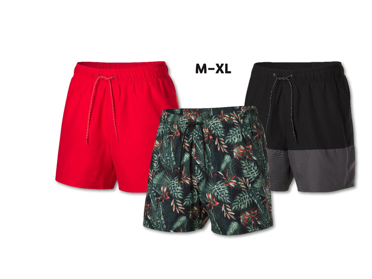 Suurus M-XL meeste ujumispüksid kolmes värvitoonis: punane, must ja troopiline muster.