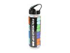 A clear water bottle with a black lid and a colorful pattern, featuring 'FIFA WORLD CUP' text.