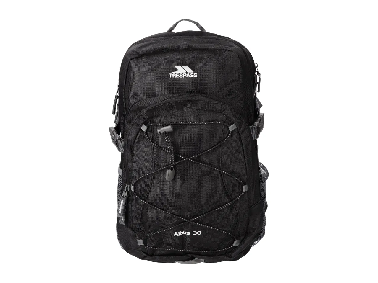 Front view of a black Trespass 30L Backpack