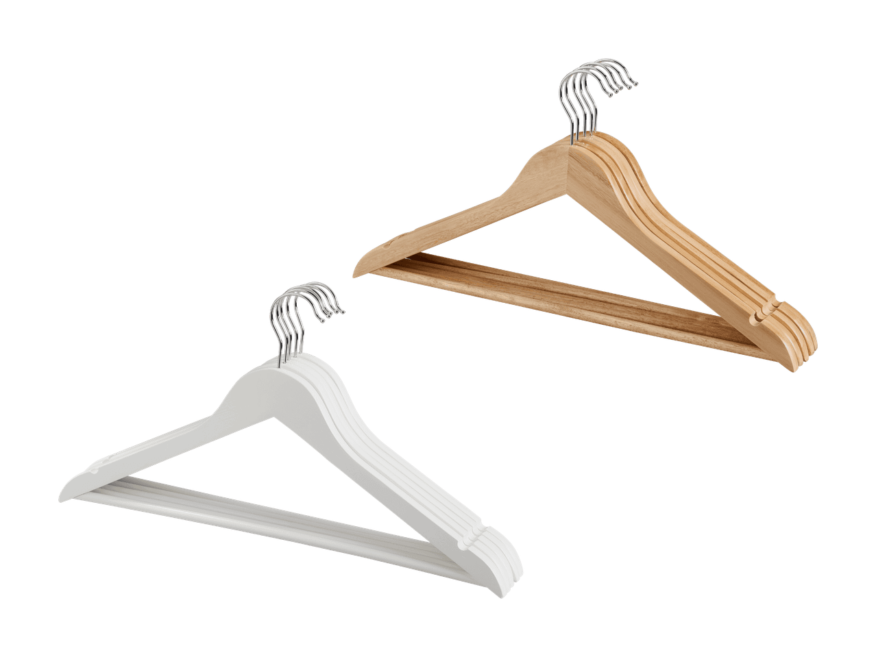 Gruppe von Kleiderbügeln aus Holz, einige weiß und andere in Naturholzfarbe.