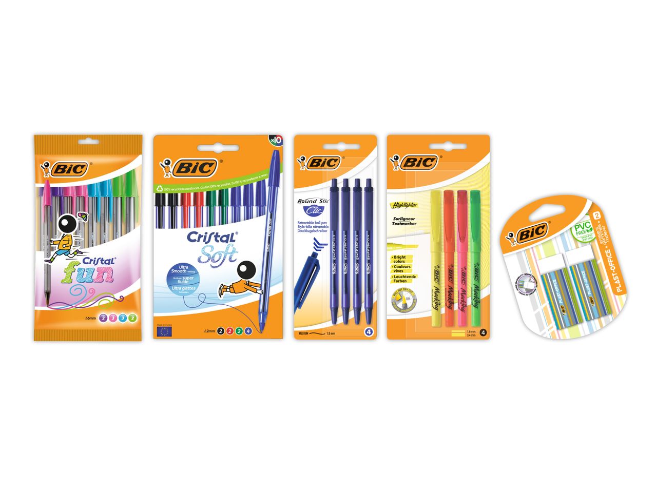 BIC rašiklių ir žymeklių rinkinys: Cristal Fun, Cristal Soft, Round Stic Clic ir Marking.