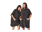Two people in dark grey hooded changing ponchos, one with hands in the front pocket.