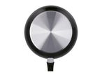 Bottom view of a black frying pan with a silver, ridged base and a black handle.