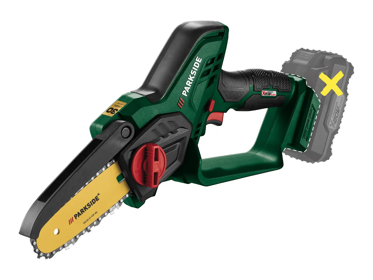 Cordless mini chainsaw with a yellow guide bar and a red tensioning knob.