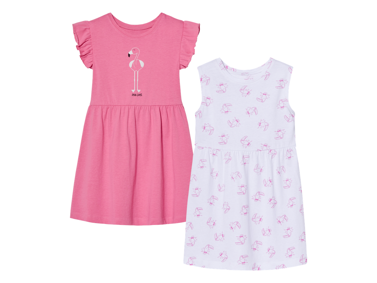 Dvije dječje haljine: ružičasta s flamingom i natpisom 'PINK DAYS', te bijela s uzorkom tukana.
