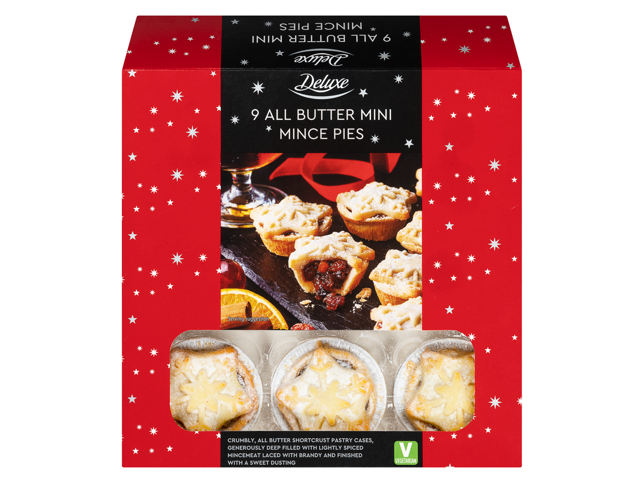 A box of nine mini mince pies with a festive red and black design.