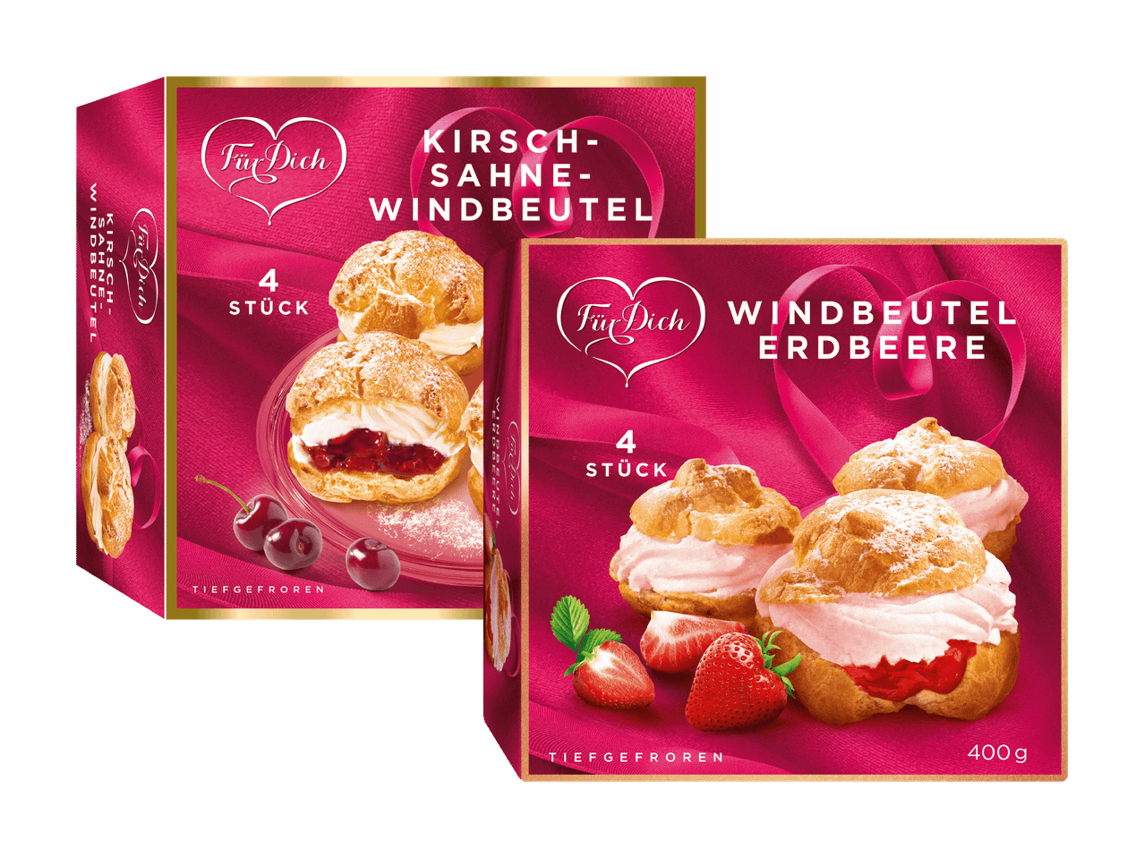 Zwei Packungen Windbeutel: Kirsch-Sahne und Erdbeere, jeweils mit 4 Stück und der Aufschrift „Für Dich“.