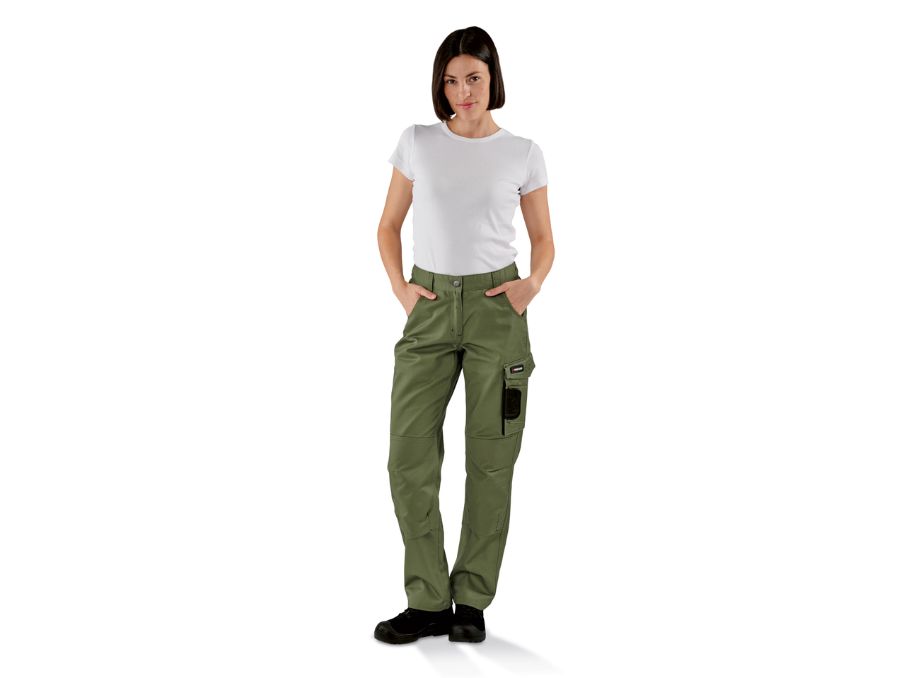 Woman in a white t-shirt and green work trousers with pockets.